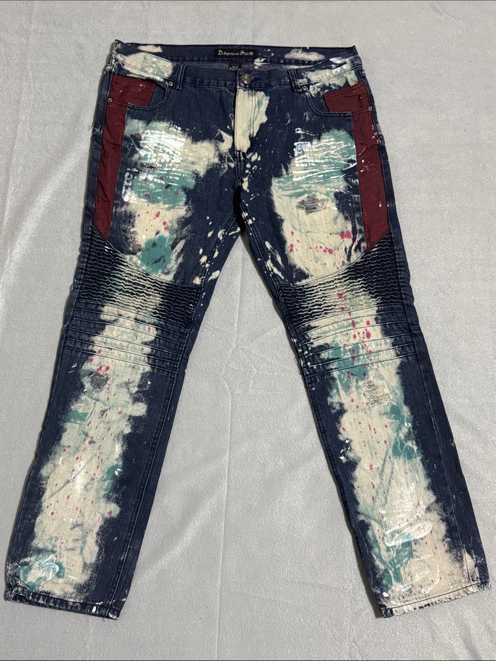 Diamond Stash Men Jeans Size 38 Blue Straight Leg Distressed Denim Paint Y2K